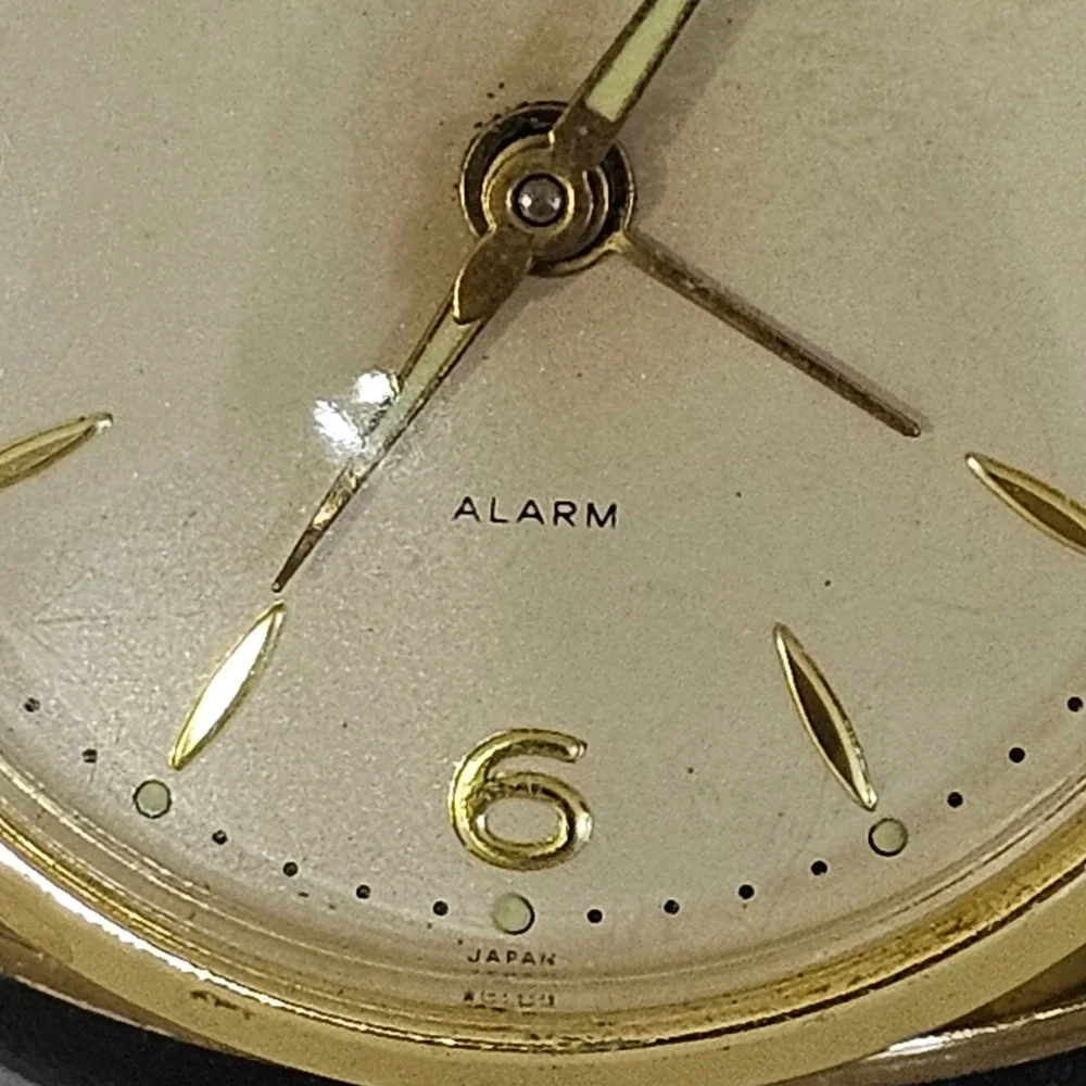 Vintage Linden Travel Alarm Clock Gold Tone Mechanical Wind Up Japan Black Case